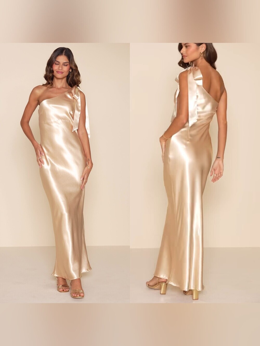 Lulus Lavish Looks Champagne Satin One-Shoulder Tie-Strap Maxi Dress M Wedding